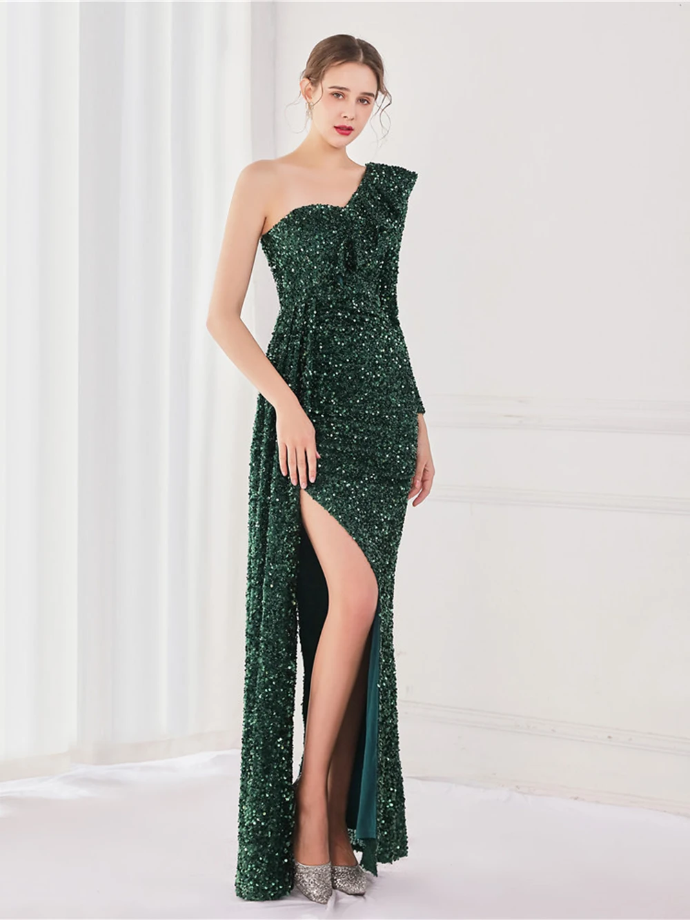 Green Glitter Women's Evening Drss Sequin Party Dresses Off The Shoulder Straight Prom Dress Cocktail Dress Night Dress