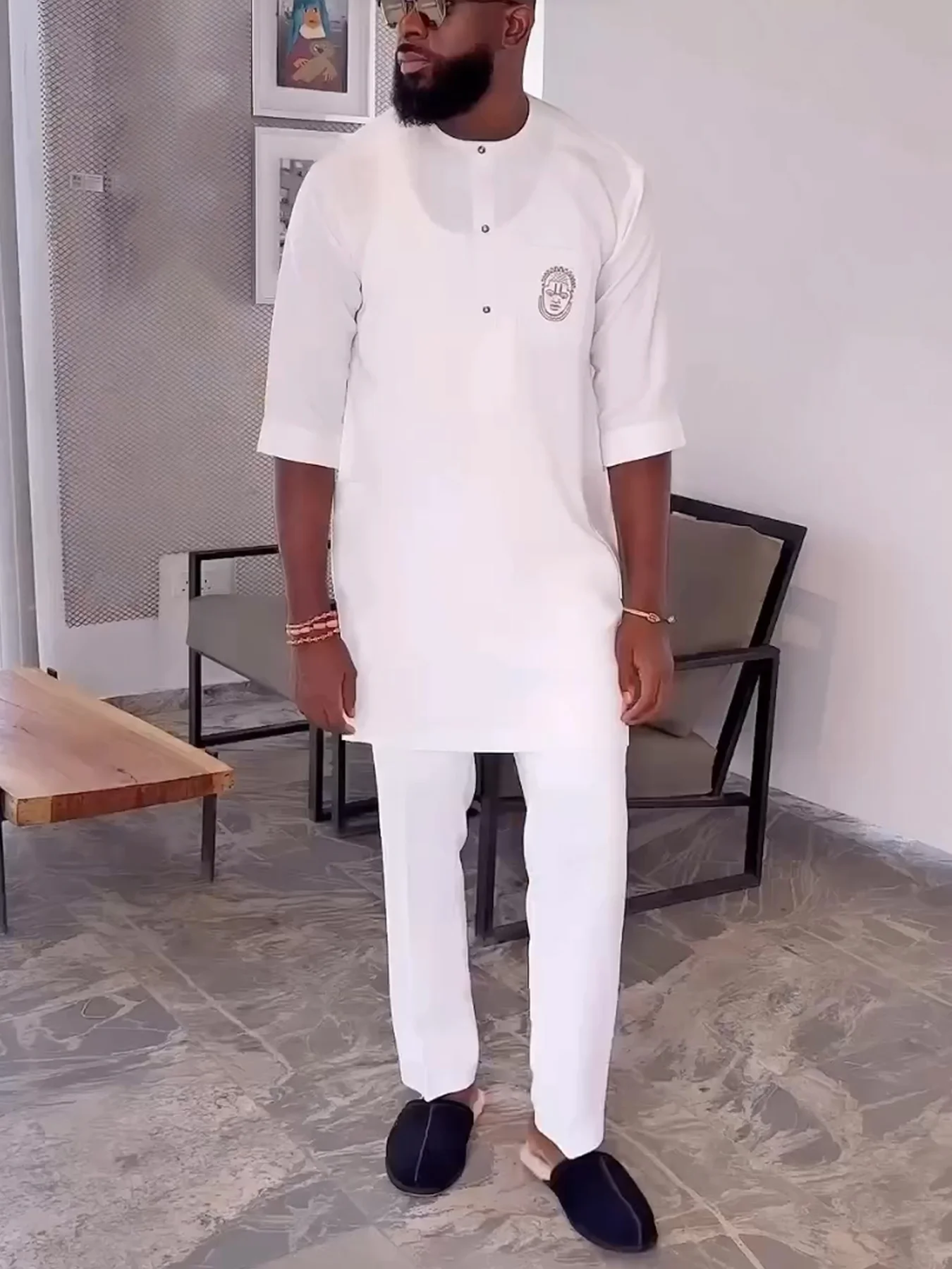 Кафтан нигерийская мужская белая традиционная одежда летняя рубашка-поло