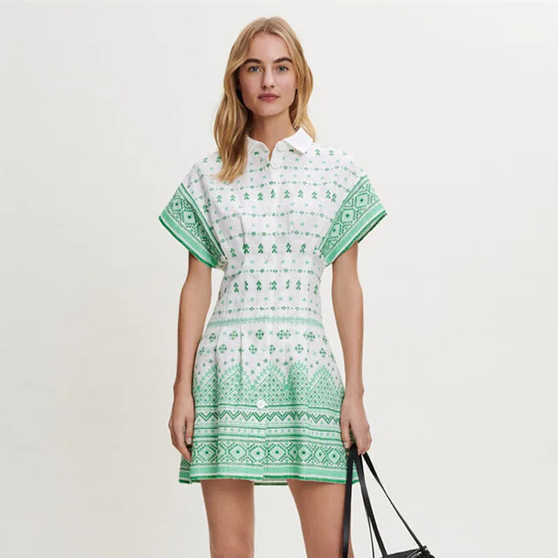 

Vintage Green Embroidery Women Dress Fashion Short Sleeve Turn-Down Collar Dresses F6906