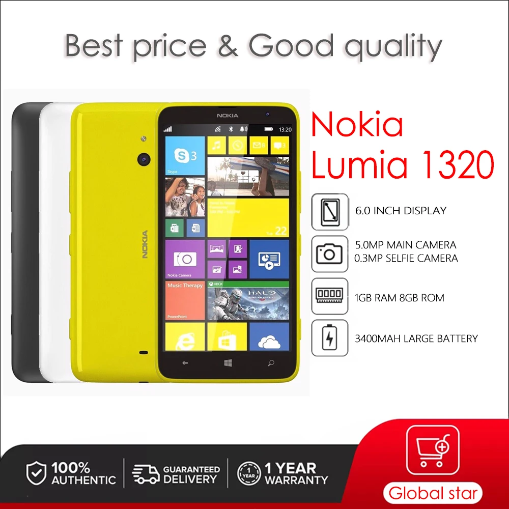 

Nokia Lumia 1320 Original Unlocked Windows Mobile Phone 6.0 inches 3400mAh 5MP 1GB RAM 8GB ROM 3G High Quality Cellphone