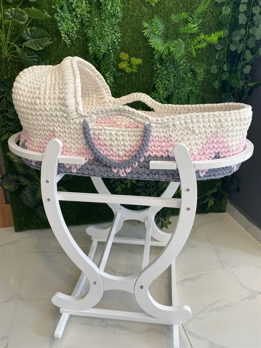 Jaju Baby Moses Basket Cream Pink Gray Knitted Stroller