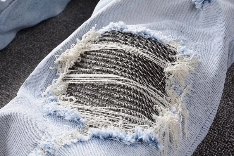 Harajuku Frayed Retro Korean Style Slimming Denim Trousers Mens High Street Ripped Distressed Casual Jeans Pants Light Blue