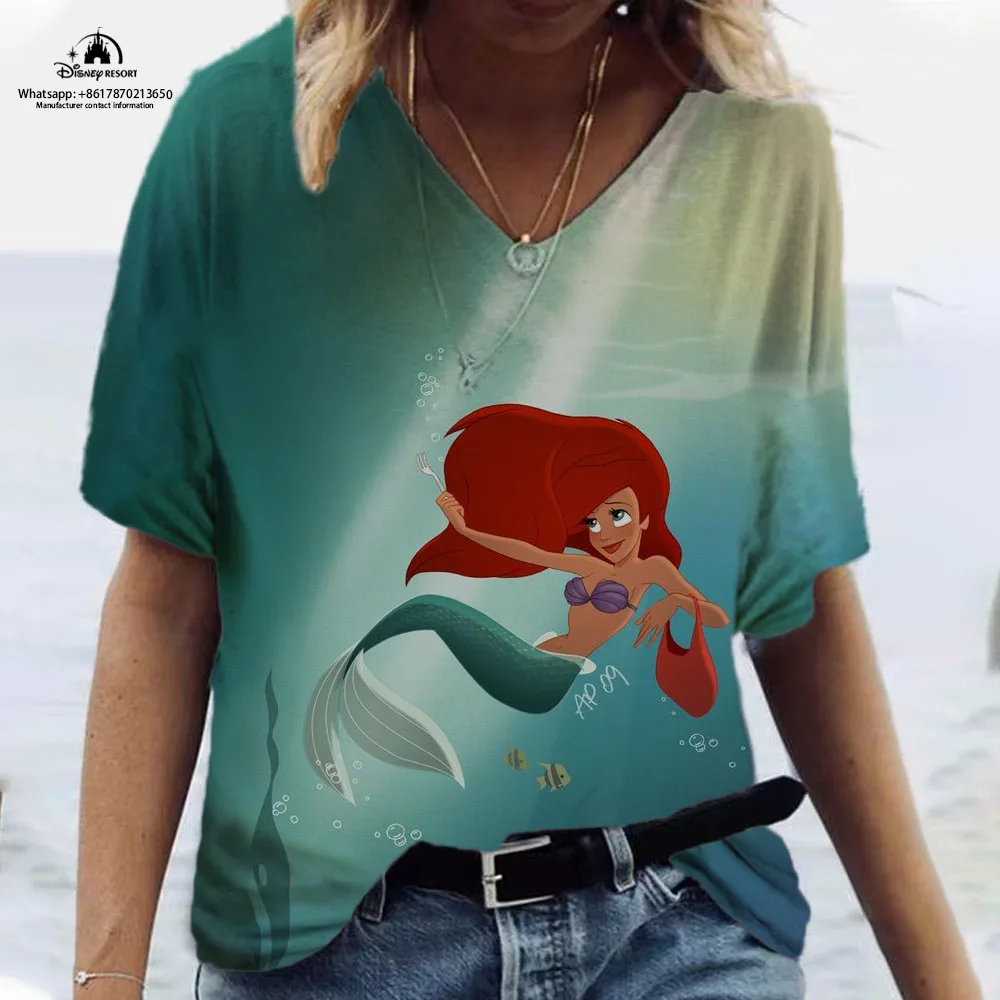 20223 Summer Mermaid T-shirt Summer Short-sleeved V-neck T-shirt Ariel Princess T-shirt Girls Disney series casual T-shirt images - 6