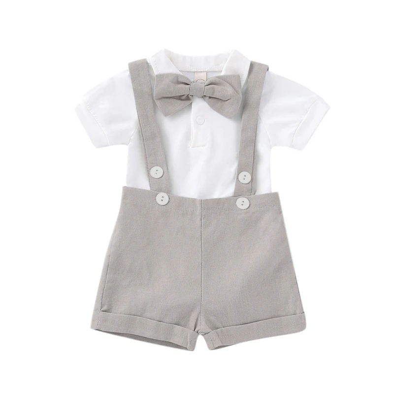 

Cute Fashion Baby Boys and Girls Sets: Short Sleeve Khaki Suit with Bow Tie and Suspenders