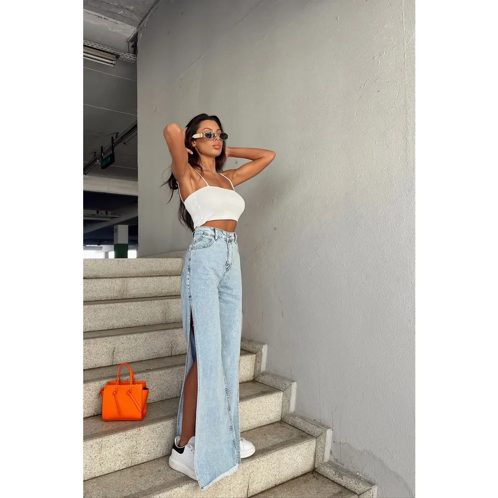 

Slit Cool Jean Ice Blue Pantalon Femme Nouvelle Saison Casual Pantalones De Mujer