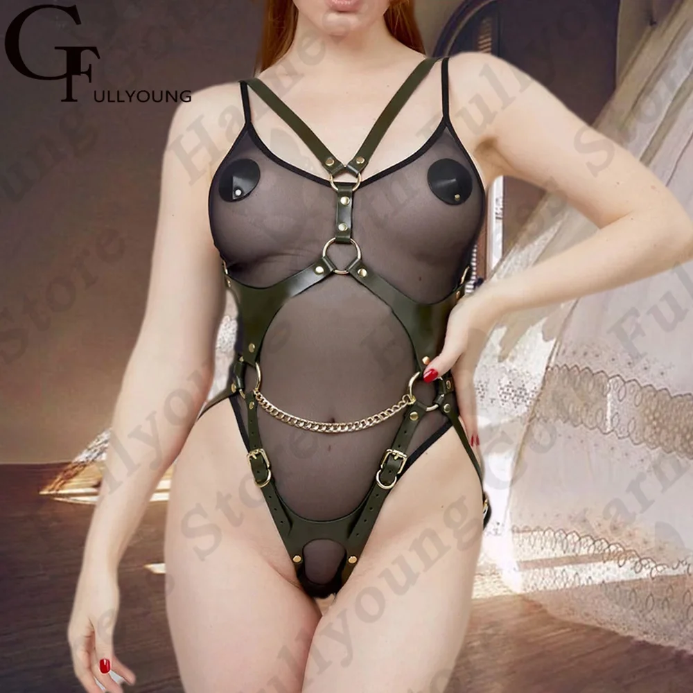 

Sexy Goth Full Body Bondage Bdsm Harness Woman Fetish Lingerie Leather Gold Body Chain Thigh Garter Sword Belt Rave Costumes