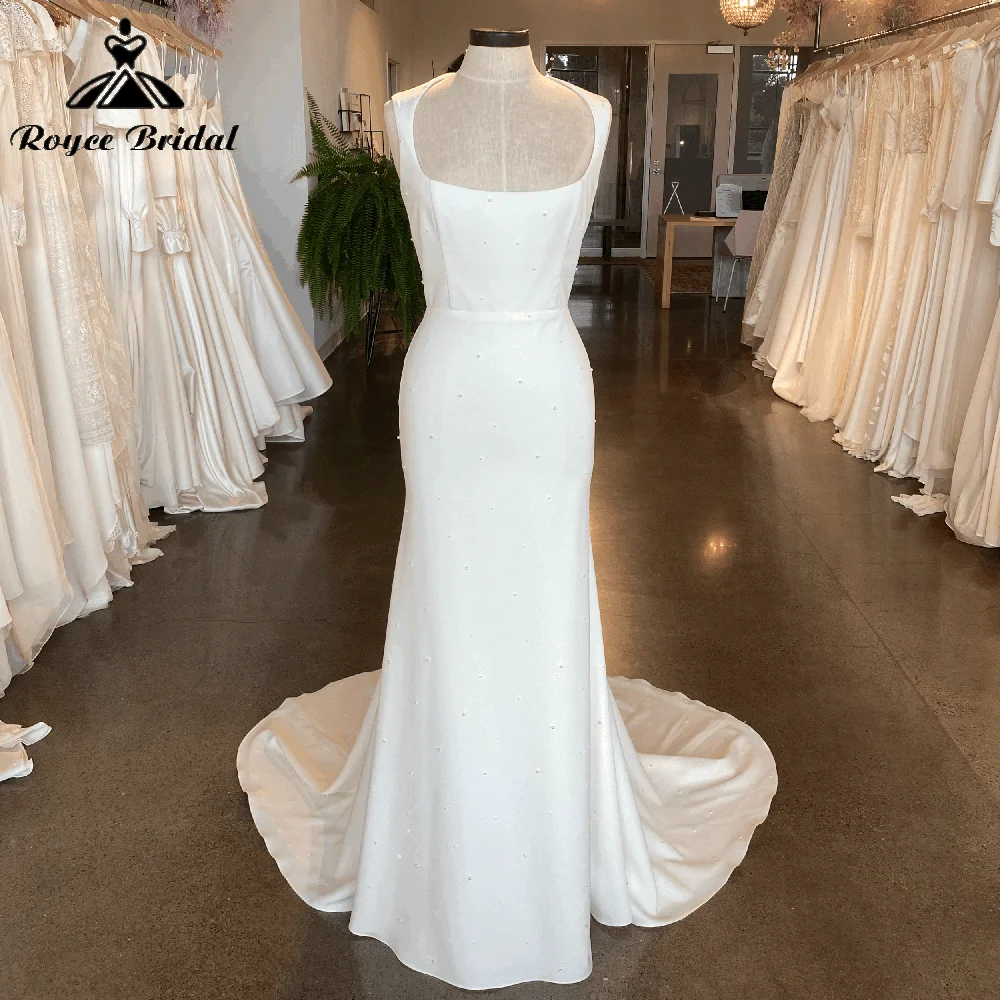 

Женское атласное платье с юбкой-годе, простое соблазнительное свадебное платье с глубоким круглым вырезом, плиссированным поясом и молнией на спине, платье невесты в стиле бохо с бисером