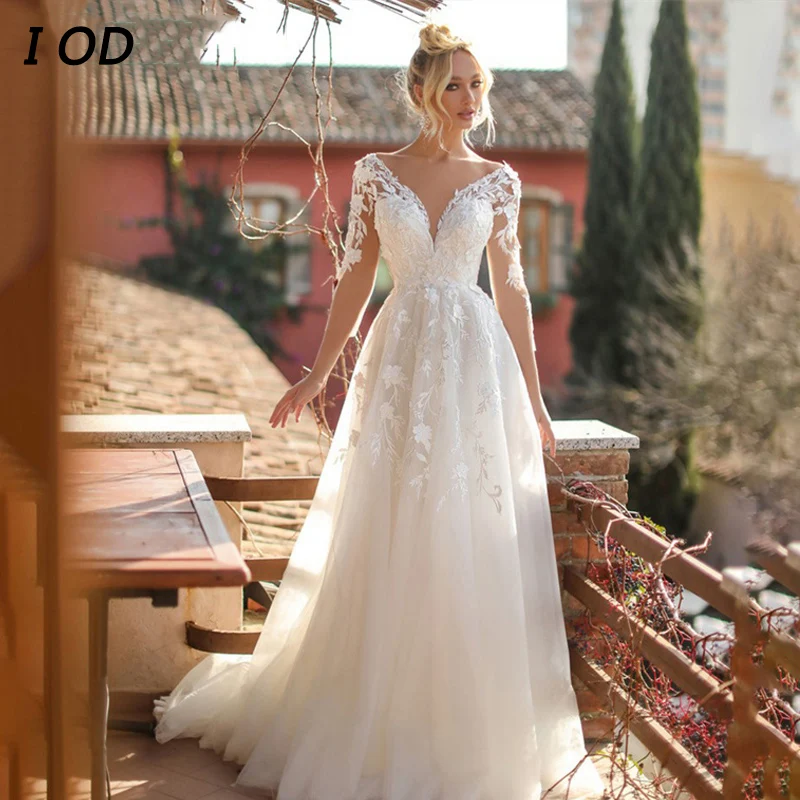 

I OD Elegant Wedding Dresses V-Neck Three Quarter Sleeve Lace Appliques Backless Tulle A-Line Bridal Gown Vestidos De Novia New