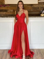 long red prom dresses v neck high slit satin 2022 spaghetti strap a line sweep train evening gown formal party simple backless