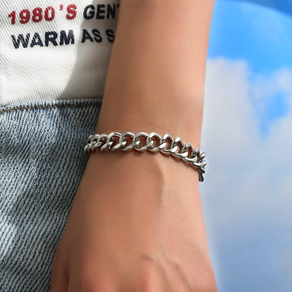 

Aprilwell One Piece Stainless Steel Bracelet for Women Men Silver Color Punk Emo Cord Buckle Cool Cuban Chain Cuff Jewelry Gifts