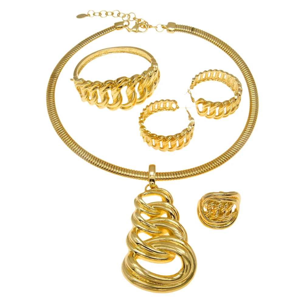 Dubai Jewelry Woman Gold Plate Set Fashion Choker Pendant Big Earrings Nigerian African Necklace Earrings Bracelet Ring Bijoux