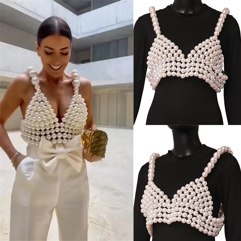 

2022 Trendy Pearl Body Chain New Sexy Fashion Halter Tank Top Crop V-Neck Female Bra Chain Body Jewelry