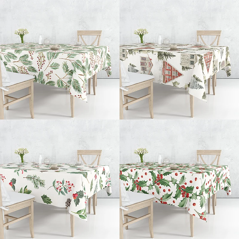

Fresh Green Red Holly Berries With Green Leaves Flowers Pine Needles Decorative Tablecloth Dustproof Table Cover Multiple Size