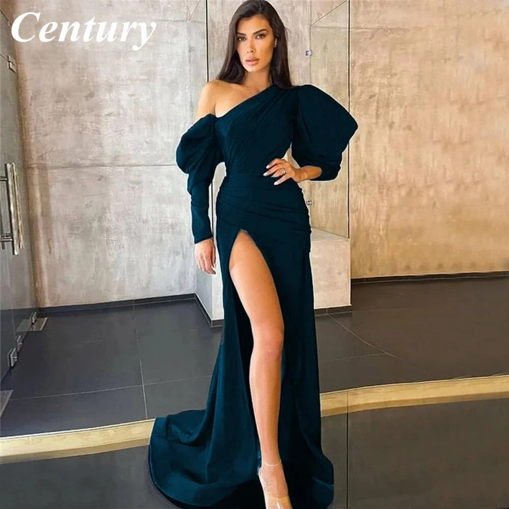 

Century Asymmetric Black Evening Dress With Slit Full Sleeves Mermaid Party Prom Dresses For Formal Occasion Robe De Soiree 2022