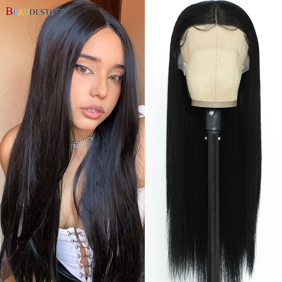 Beaudestiny 13x4 Straight Lace Front Sythetic Hair Wigs For Wome Heat Resistant Hair For Women 18-28inch Black Cosplay Hair Wigs