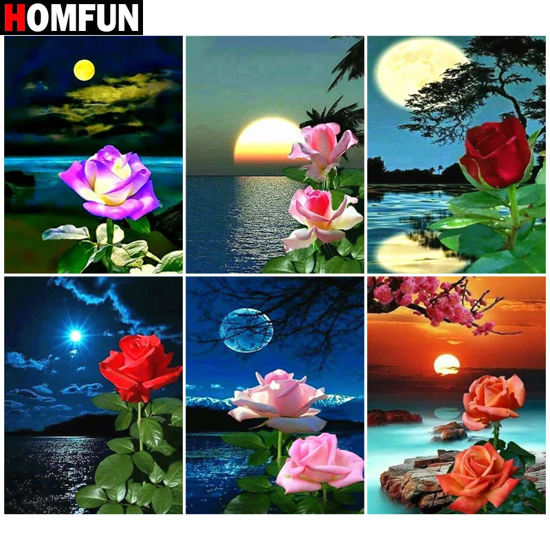 

Алмазная 5D картина HOMFUN «цветы, роза, луна», полная вышивка, квадратная, круглая, вышивка крестиком, украшение для дома