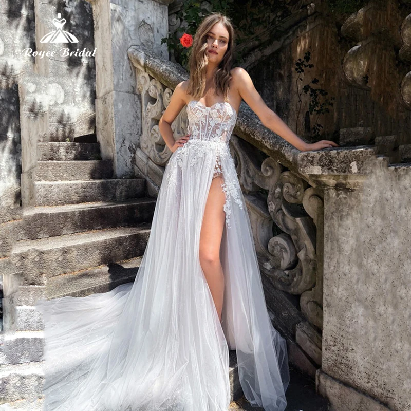 

Beach Sexy Sweetheart Sleeveless Backless A-Line Lace Appliques Wedding Dresses Netting Bridal Gown Sweep Brides Robes de mariée