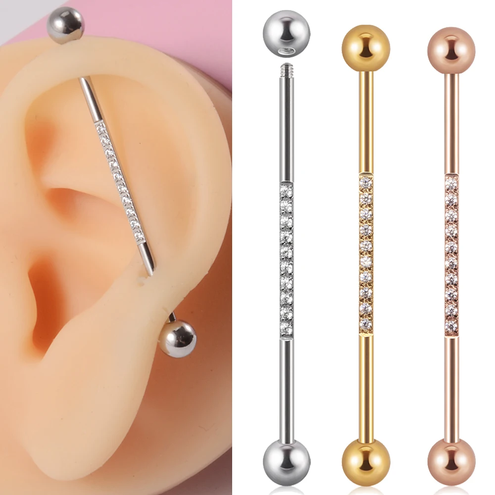 

1PC 14G Industrial Scaffold Barbell Surgical Steel For Women Men with CZ Surface Cartilage Earring Body Piercing Jewelry 38mm