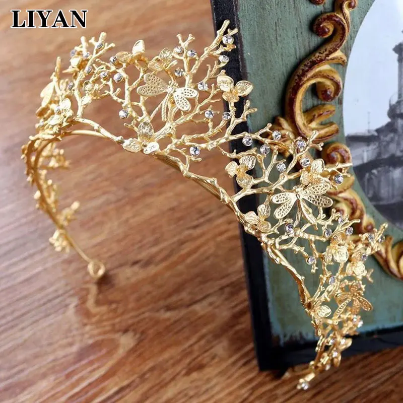 

LIYAN роскошная классическая золотая свадебная корона в стиле барокко аксессуары для волос свадебная тиара со стрекозой для подружки невесты...