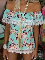 summer short sleeve t shirts lace splicing floral off shoulder blouse tops floral printed harajuku female t shirt camisetas