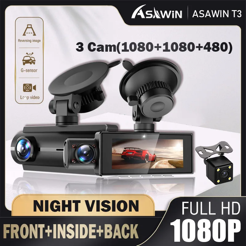 Asawin T3 3 Channels Dash Cam 3 Ways Car Camera Front And Rear Inside 3 Camera Car Monitoring Fhd 1080P+1080P+480P For Taxi Uber