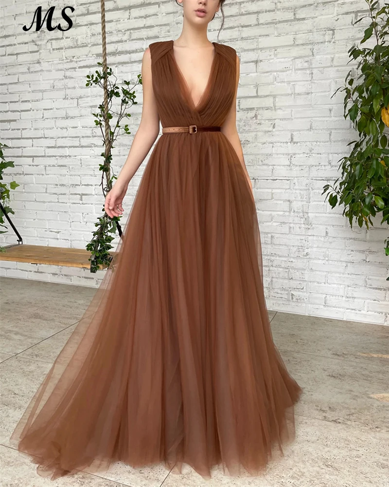 

MS Mocha Brown Tone Tulle Prom Gowns V Neck Floor Length Simple Evening Dresses Velour Belt Vestido De Festa Women Party Gowns