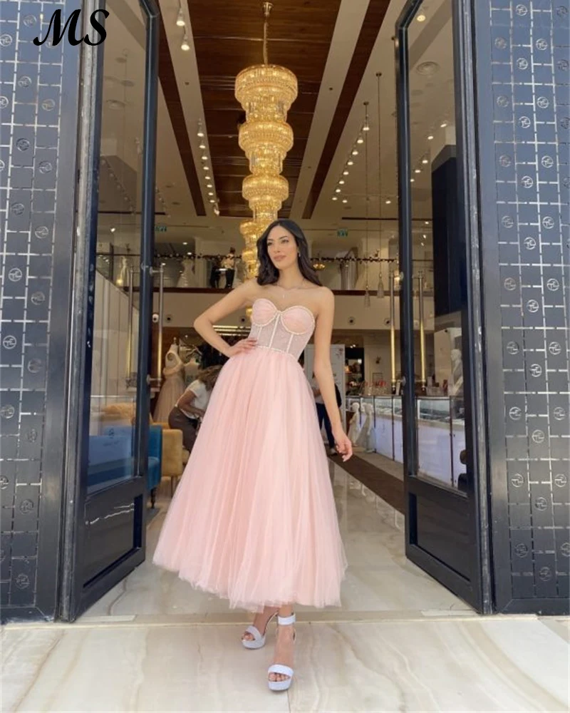 

MS Fairy Prom Dress Pink Tulle Sweetheart With Pearls Bone Corest Tea Length For Gradution Evening Party Dress Vestido De Noche