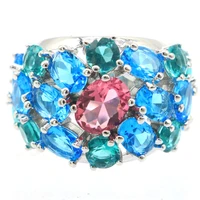 30x20mm multi color big heavy 10 9g swiss blue topaz aquamarine pink tourmaline women wedding 925 silver rings