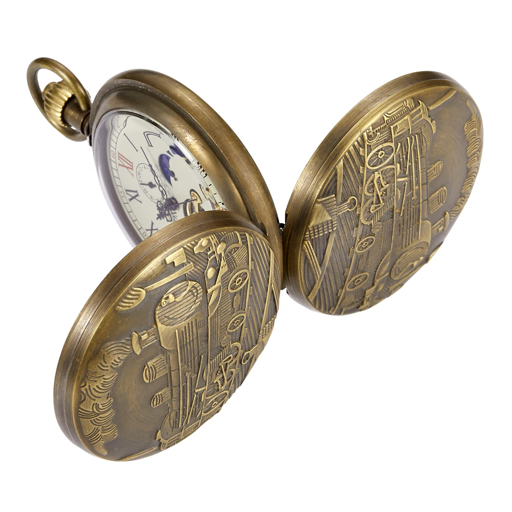 Antique Double Sided Train Shaped Engraved Pocket Watch Mechanical Movement Clock Necklace Retro 2 Sides Open Case Pendant