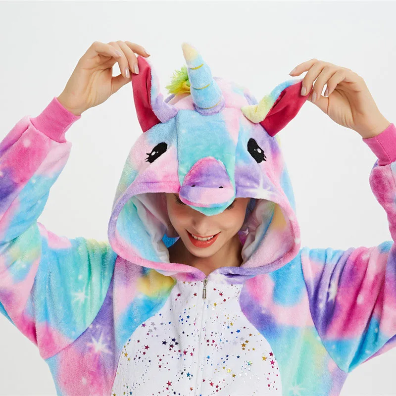 Family Kigurumi Pajamas Sequins Stars Rainbow Unicorn Animal Onesie Cosplay Costume Pajamas For Kids and Adults