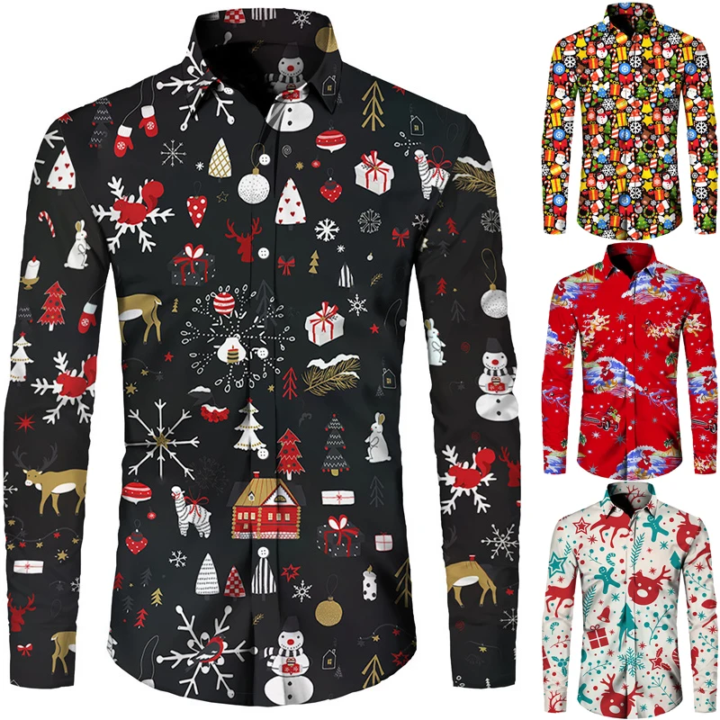 Funny Christmas Theme 3D Print Men's Butttton Shirts Casual Long Sleeve Streetwear Tops Unisex Holiday Party Chic Hawaiian Shirt