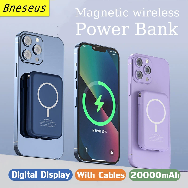 

20000mAh Magnetic Wireless Power Bank 2 Fast Charging Cable For iPhone 12 13 14 Xiaomi Charger Apple Auxiliary Battery Pack