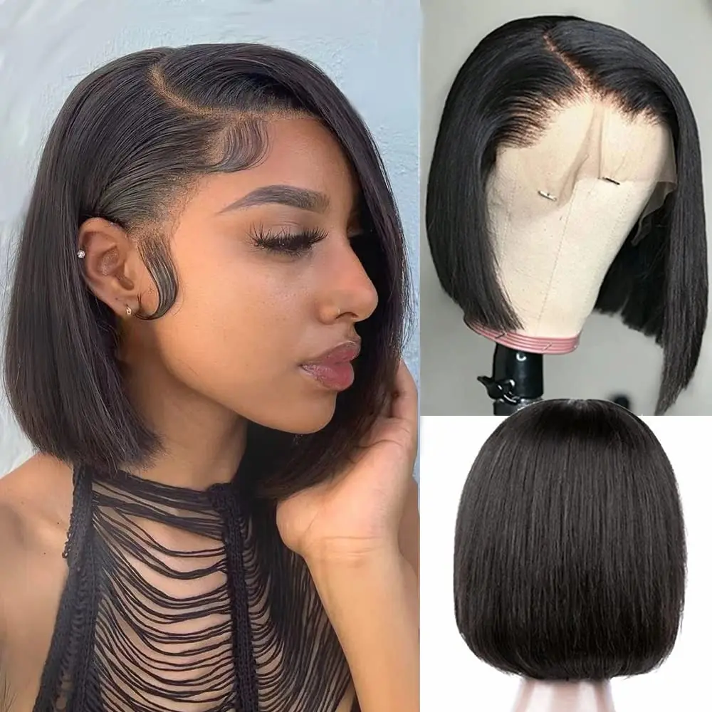 Lace Front Short Bob Wig Straight Natural Black Human Hair Wigs for Black Women Pre Plucked Closure Wig Brazilian Hair