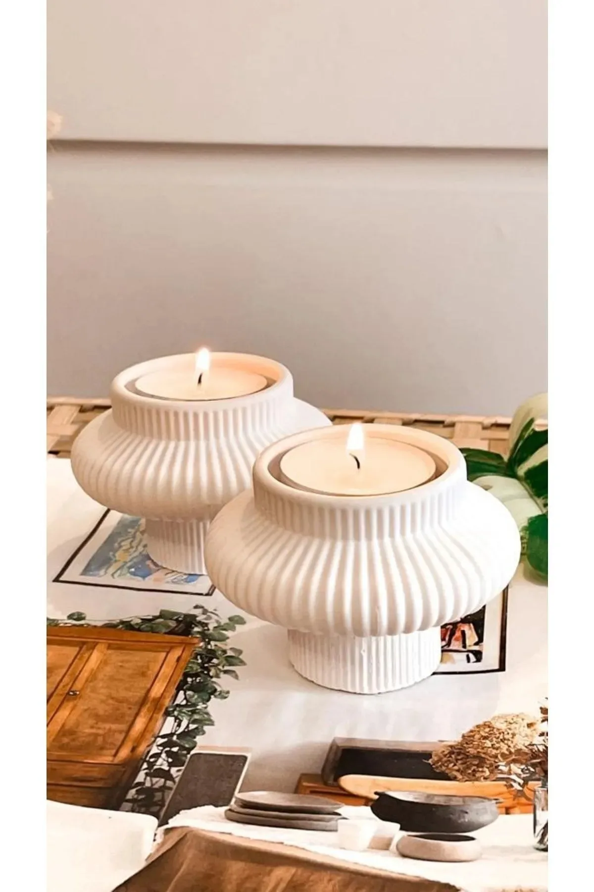 White And Terracotta Tealight Home Decor 2'li Candle Holder Set