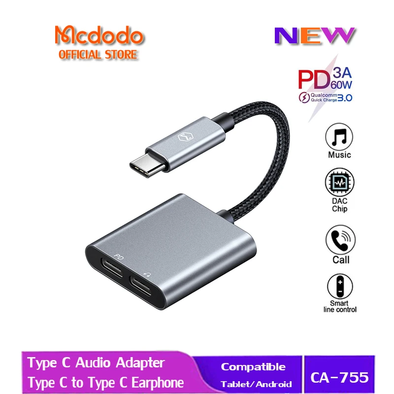 

Mcdodo 60W PD Type C DAC HIFI Audio Converter USB C To Dual Type C 5A Fast Charger Audio Adapter For IPad Pro Macbook Samsung
