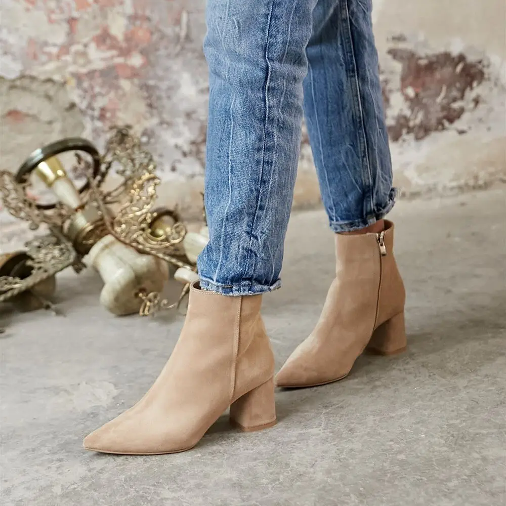 

Fancy Inner Real Lining Exterior Genuine Leather Suede Square Heeled Women's Boots Poshnmore Black Sax Blue Honey Beige Women's