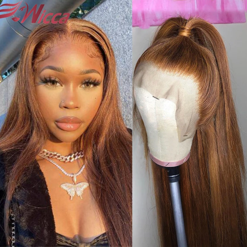 

Светильник-коричневый парик из человеческих волос на сетке спереди 13x6, парики из цветных коричневых человеческих волос, бразильские прямые парики без повреждений на сетке спереди