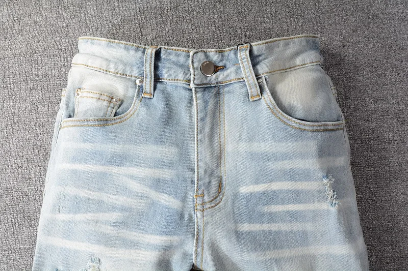 Korean Style New Arrivals Men's Light Blue Ripped Denim Pants Distressed Skinny Stretch Destroyed Patches Casual Jeans 28-40