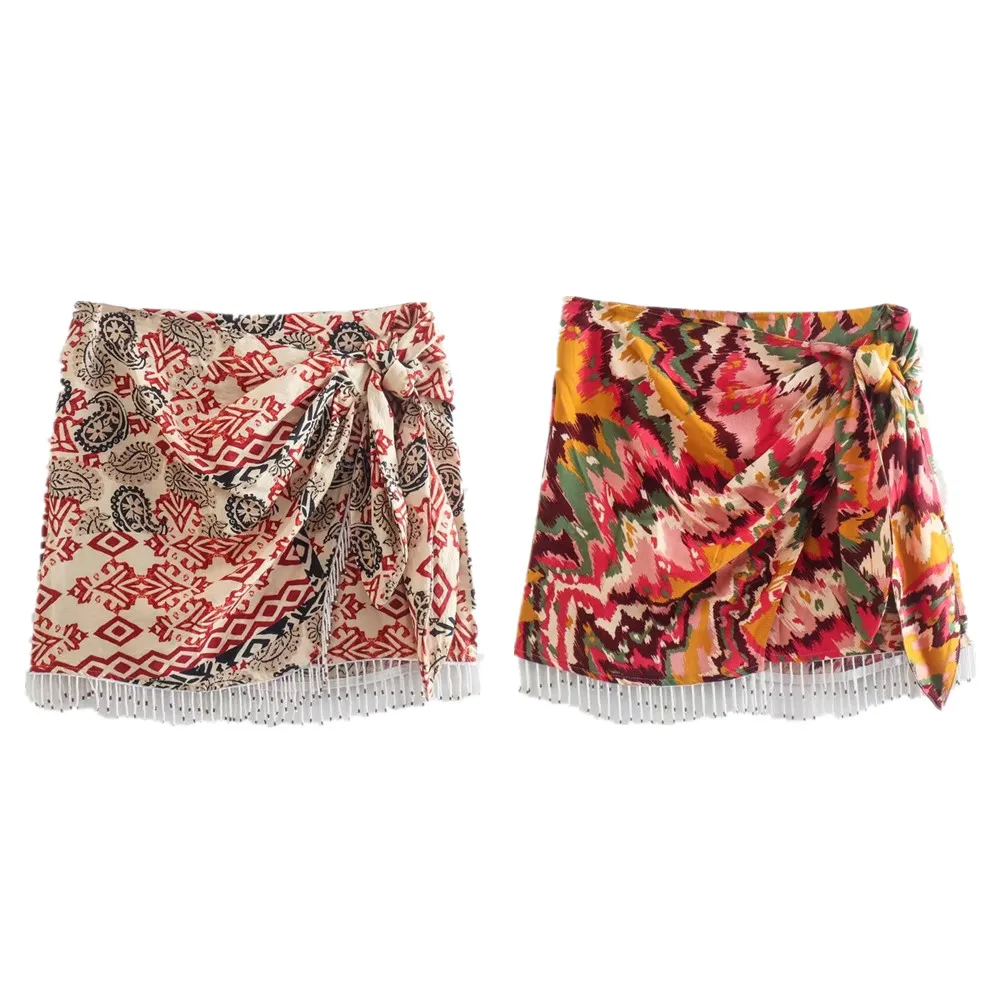 

Женская юбка с бахромой и бисером PB & ZA, летняя шикарная юбка с двойной планкой и принтом с высокой талией, 1165/158