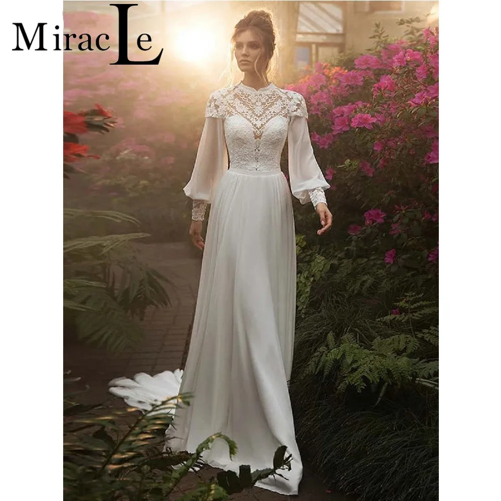 

HIgh Neck Vintage Wedding Dresses For Women Elegant A Line Wedding Gown For Bride Floor Length Lace Appliques Robe De Mariée