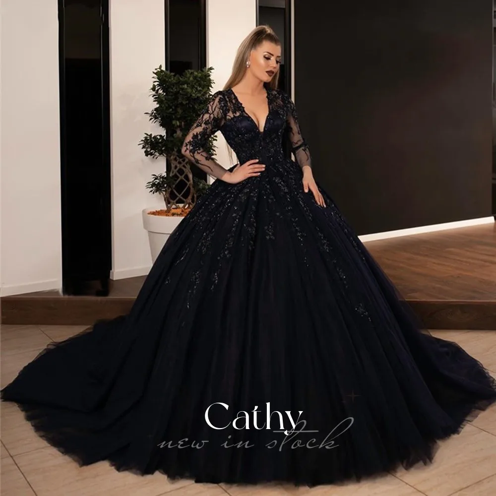 

Cathy Special Black Ball Gown Wedding Dresses Delicate Lace Embroidery Bridal Wedding Long Sleeves Robe Vestidos De Boda