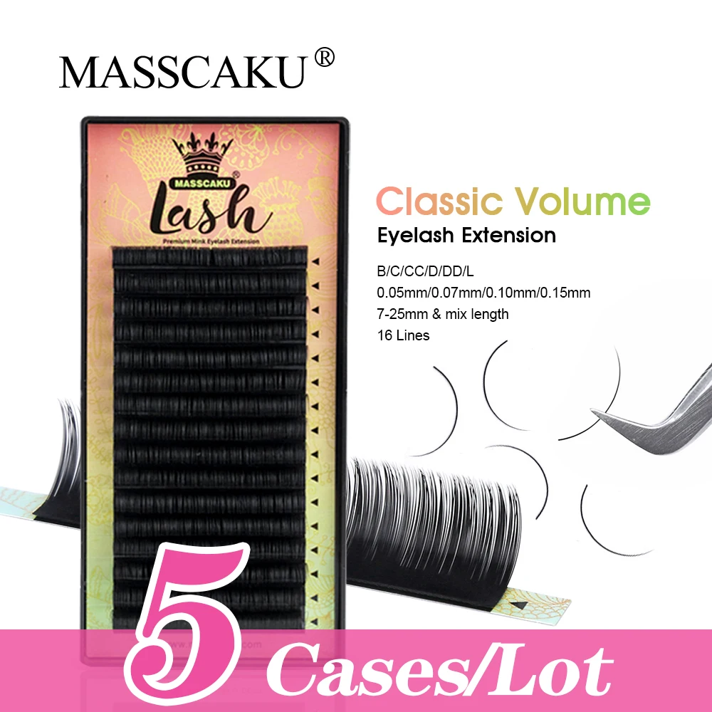 

5case/lot MASSCAKU Soft Silk C CC D DD Curl Matte Black Classic Eyelashes Individual False Volume Faux Mink Eyelash Extensions