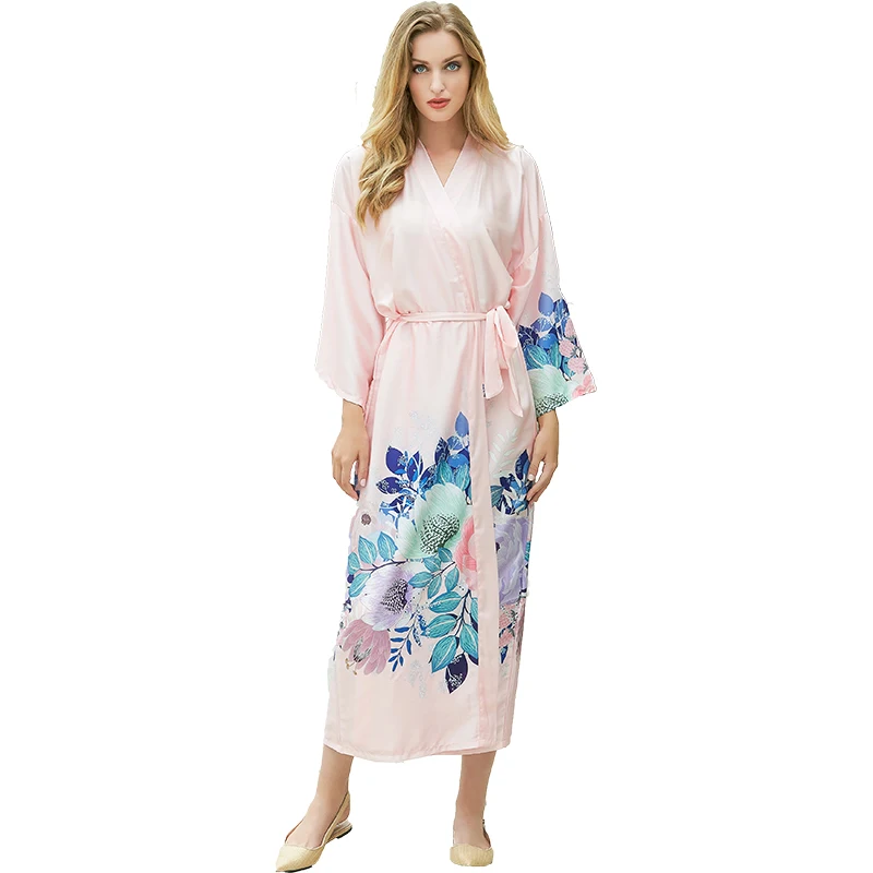 Robes Floral Style Satin Silk Robe Long Flower Printing Bride Robes Women Sleepwear Lady Bathrobe Home Wear