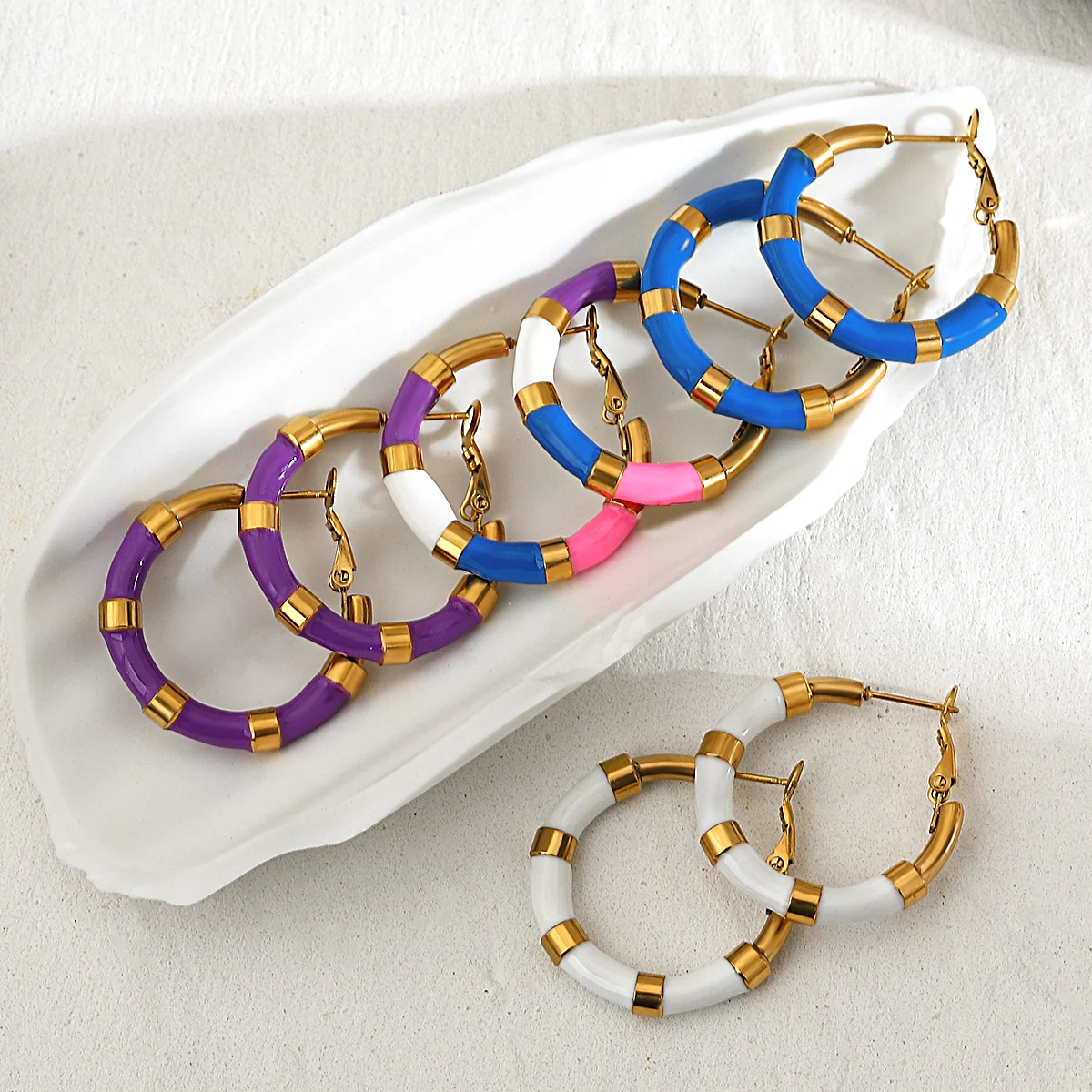

Lifefontier Colorful Bamboo Glaze Enamel Round Big Earring Exaggerate Stainless Steel Hanging Pendant Hoop Earring Party Jewelry