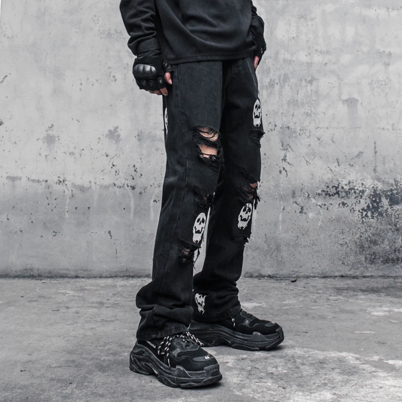 Skull Pants Jeans Men's Fashion Streetwear Hole Slim Y2k Man Woman Trendyol Print Korean Hip Hop Baggy Skeleton Trousers Ripped