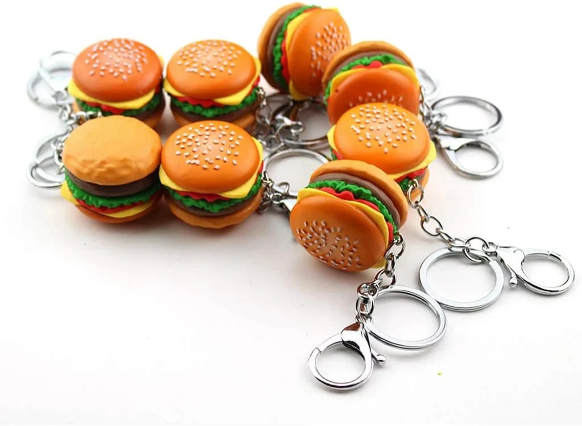 

3D hamburger requires keychain, cheese burger mobile phone pendant, polymer clay key chain, simulation food pendant, gift