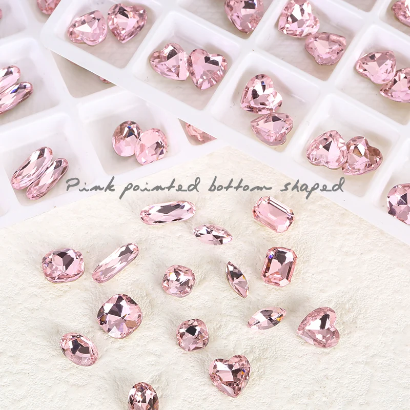 

QIAO Glitter Rhinestones Nail Art Pink Crystal Pointback Diamond Nail Gem Multi-shape Stone Heart Square Rhinestones Decorations