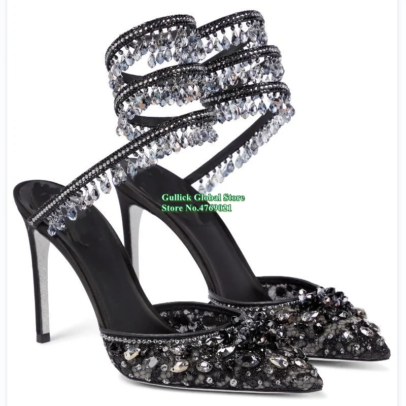 

New Women Shoes Bling Bling Black Chandelier Bmbellished Pumps Pointed Toe Stiletto High Heels Ankle Strap Fastenings Size 34-45