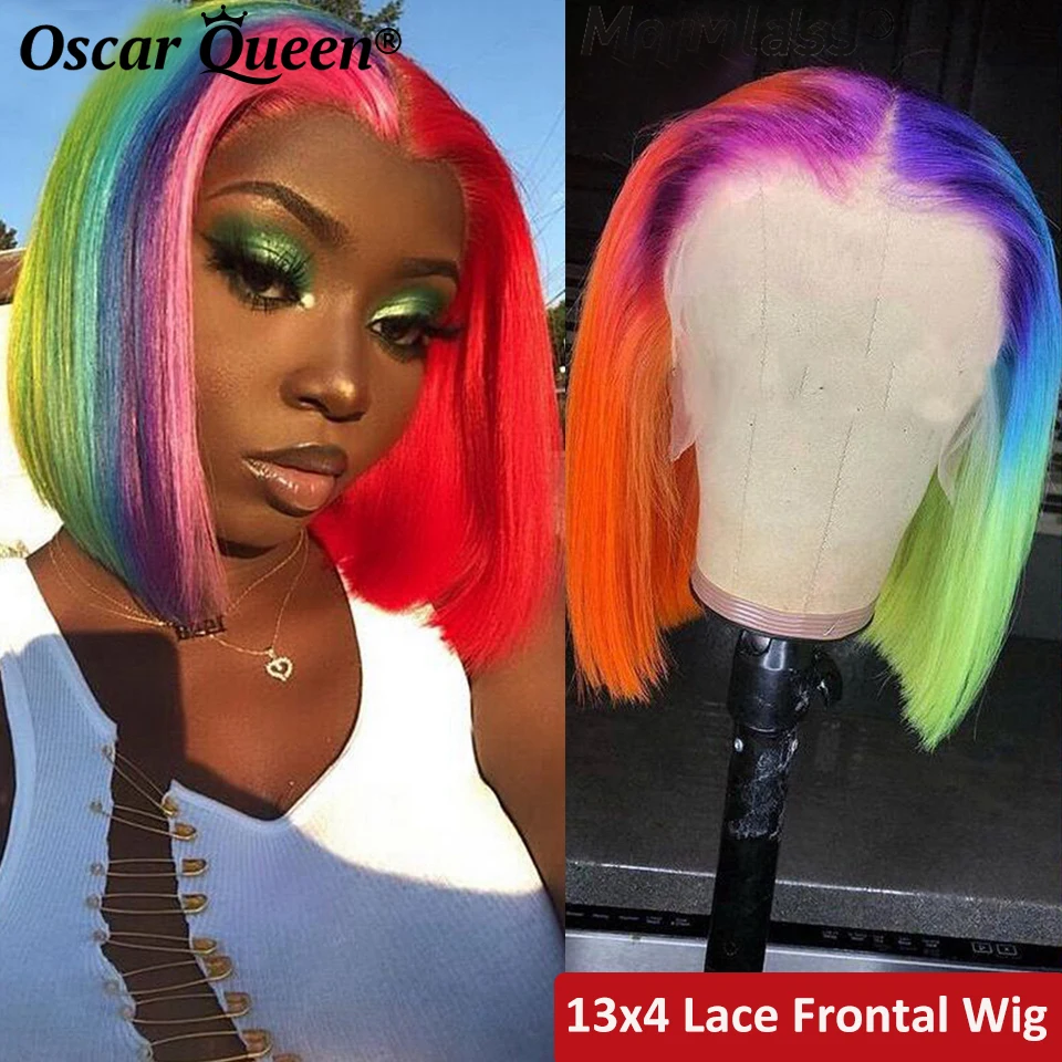

13x4 Short Bob Lace Front Human Hair Wigs Remy Pre Plucked Ombre Red Green Blue Yellow Rainbow Colored Human Hair Wigs For Women