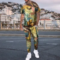 2022 summer new trend mens fashion flag eagle print round neck short sleeved t shirt casual trousers two piece set
